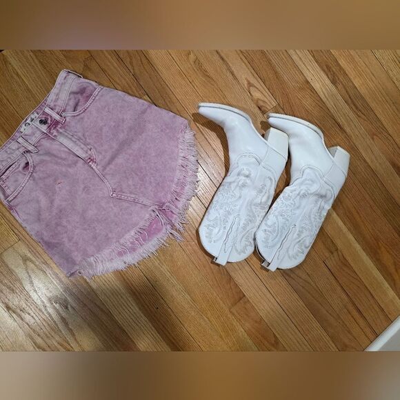 We The Free Women's Purple Acid Wash Denim Fringe Hem Jean Skirt Sz 24 Mini - Picture 2 of 12